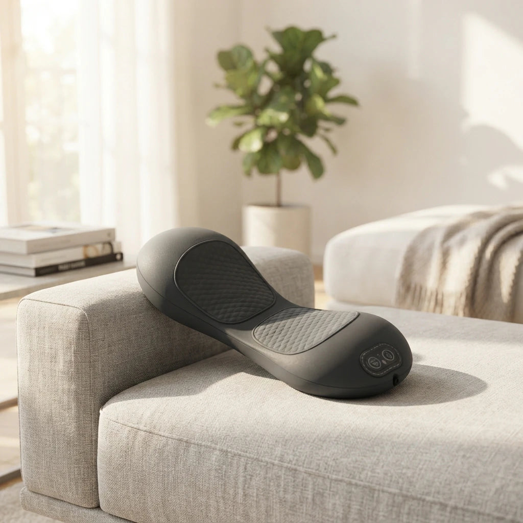 Massage Pillow/Tool for men and woman with back pain, with temperature controlled heating and vibrations, grey, USB Port
